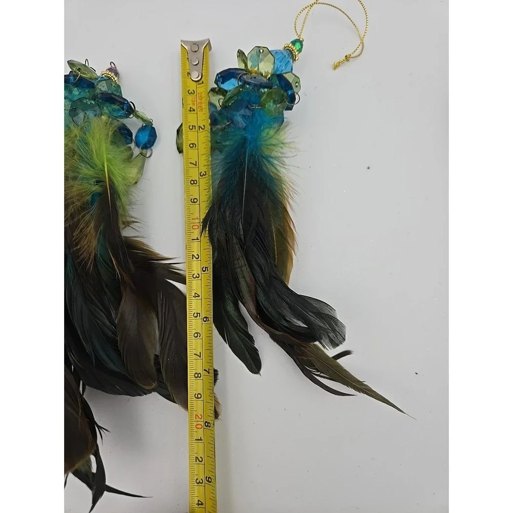 Holiday Time Green Feather Christmas Ornaments Lot Blue & Green Crystal Boho 5pc